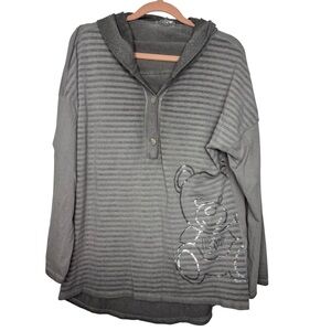 Gray Striped Hoodie with LOVE Bear Design and Sparkle Made in Italy